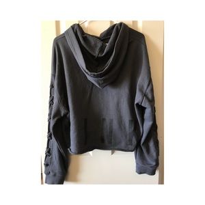 PINK Cropped Gray Sweatshirt w/ Lace Up Sleeve